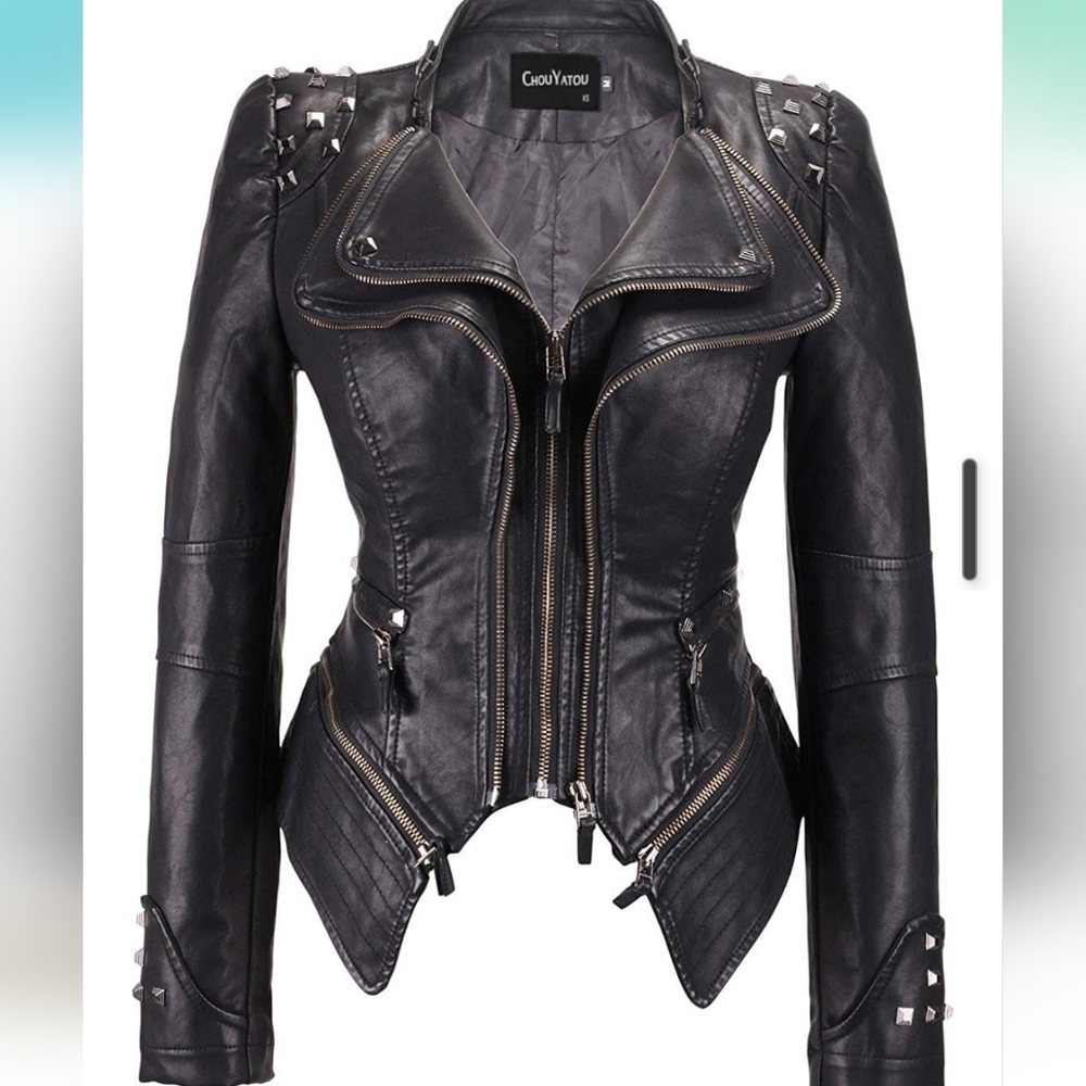 Studded Zipper-Layered Faux Leather Jacket